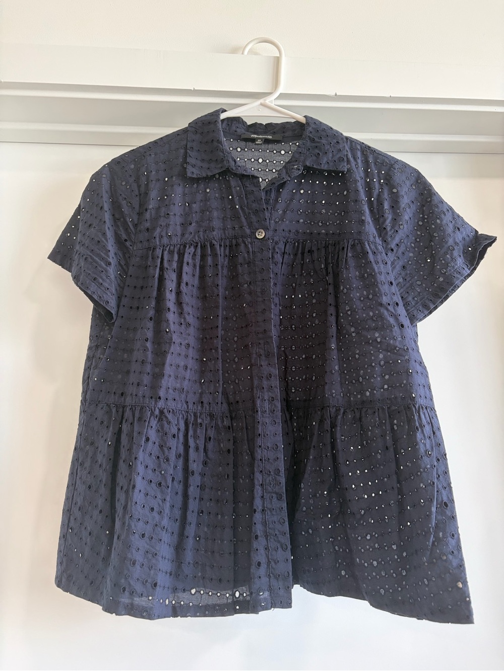 Madewell Navy Eyelet Button-Front Short Sleeve Blouse